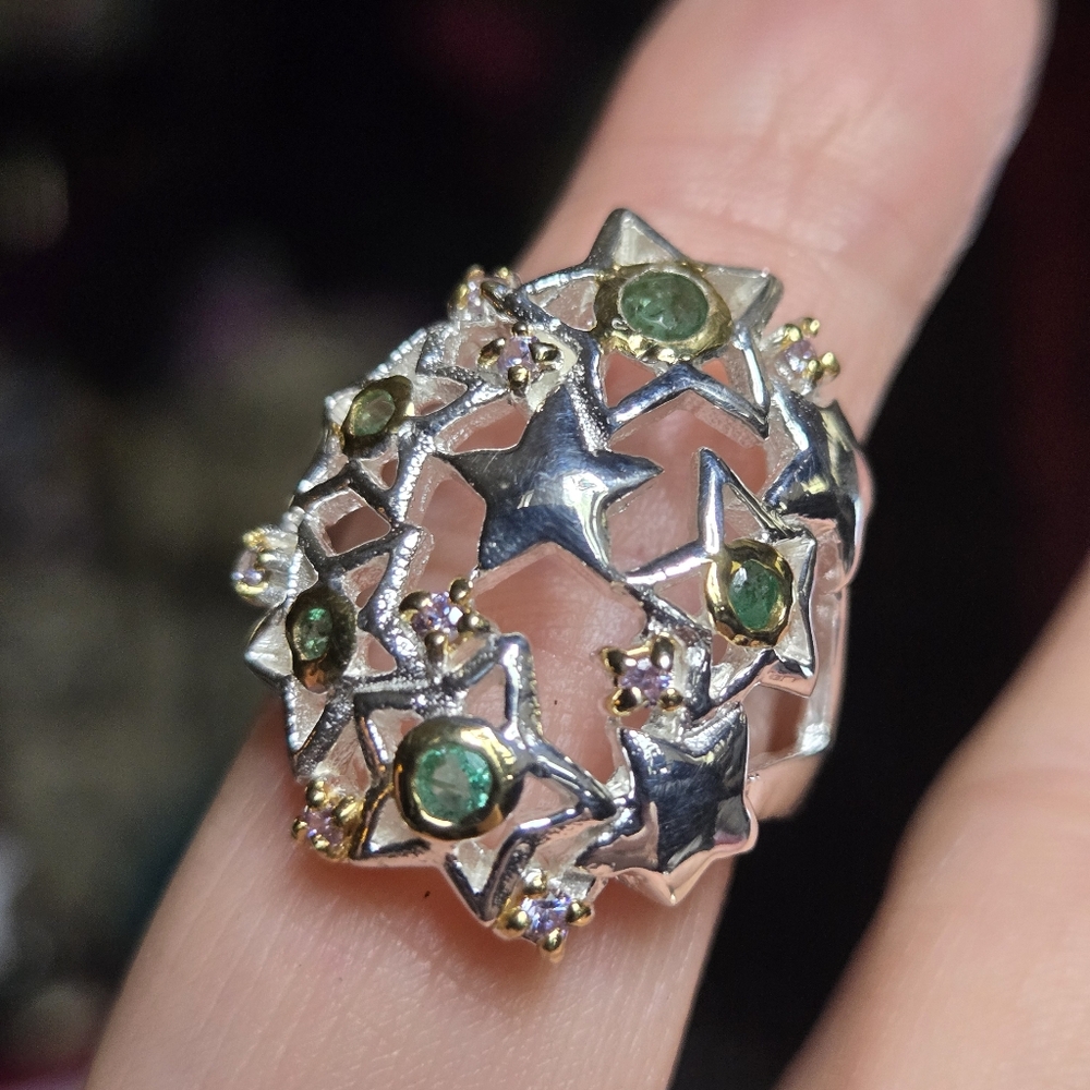 Emerald & Topaz sterling & gold star dome ring sz7.5 - Picture 3 of 12